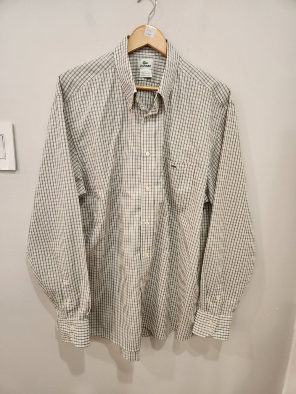 Vintage Lacoste Mens XL 46 Gingham Plaid Button Down Shirt 100% Cotton